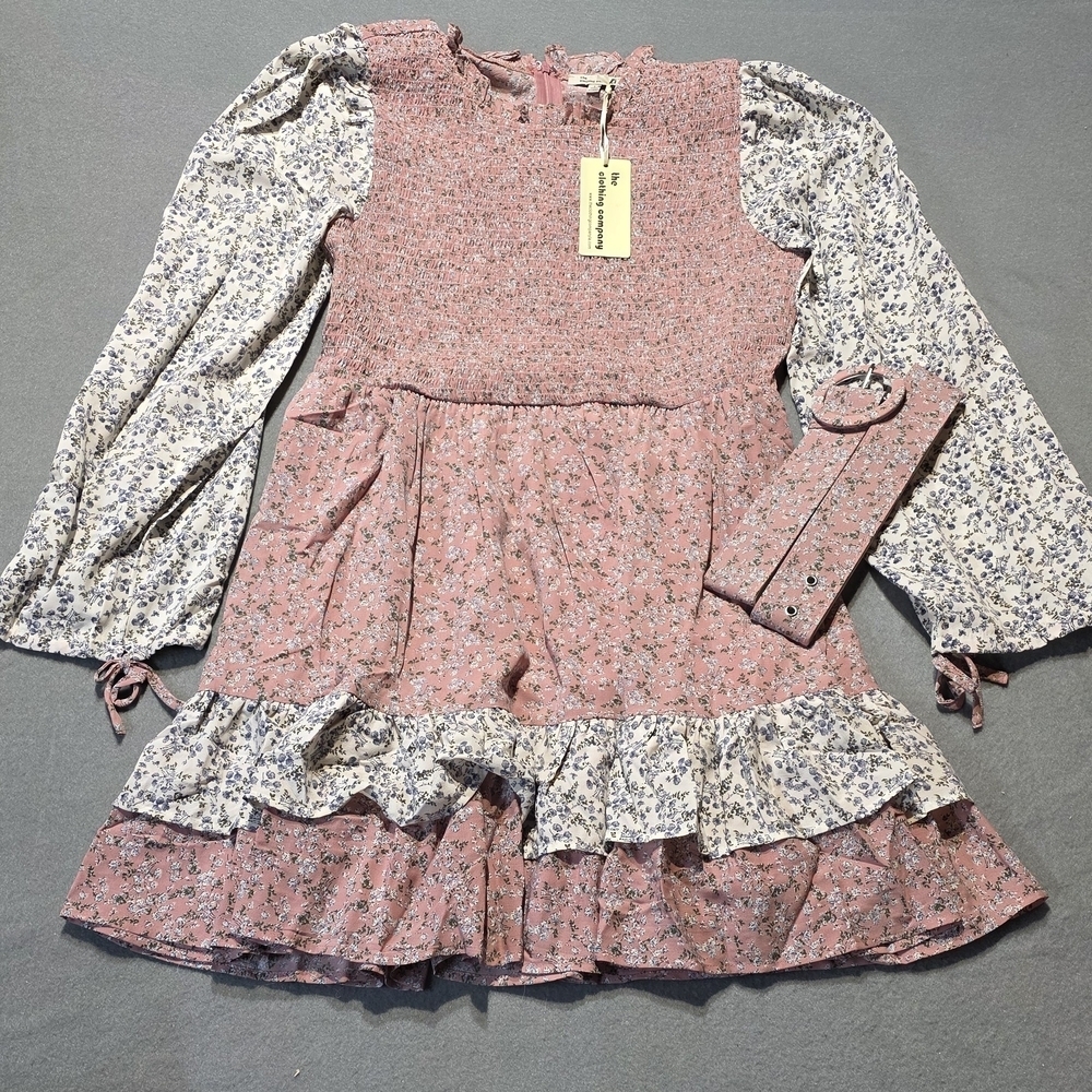the clothing company NWT Pink Floral Smocked Belted Long Sleeve Dress S/M/L - Picture 3 of 9